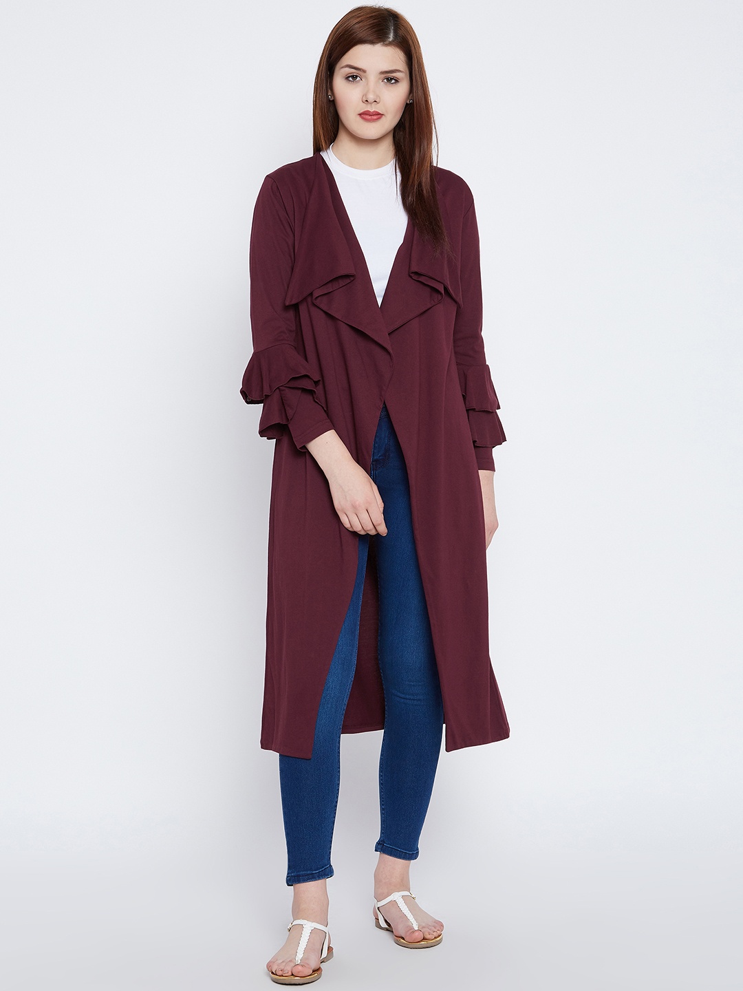 

Hypernation Maroon Solid Open Front Shrug