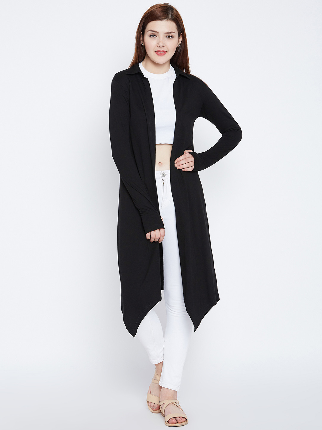 

Hypernation Women Black Solid Open Front Shrug