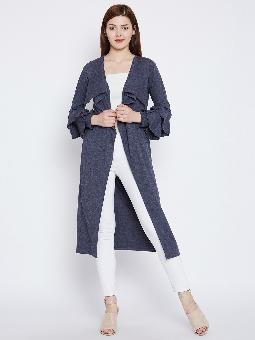 

Hypernation Women Blue Solid Open Front Shrug