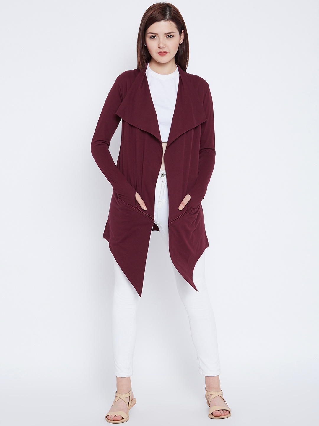 

Hypernation Maroon Solid Open Front Shrug