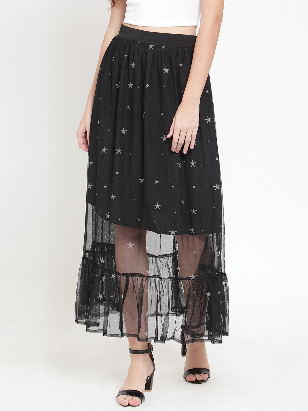 

Martini Women Black Semi-Sheer Star Print Mesh A-Line Maxi Skirt