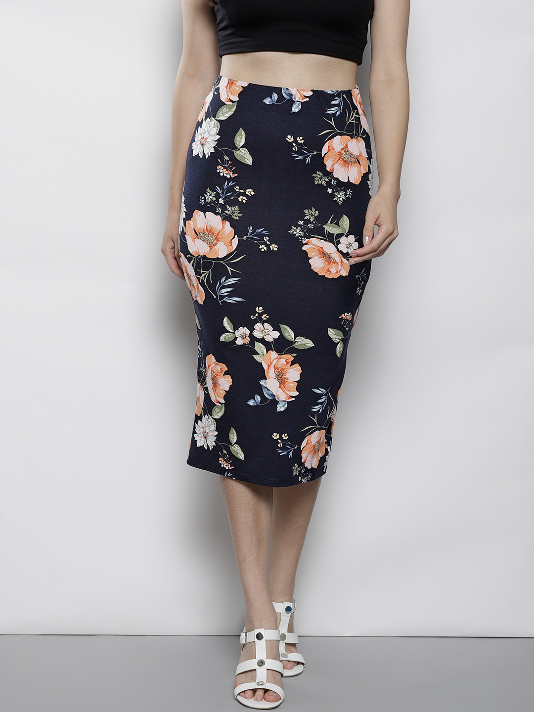 

DOROTHY PERKINS Women Navy blue & Peach-Coloured Floral Print Pencil Skirt