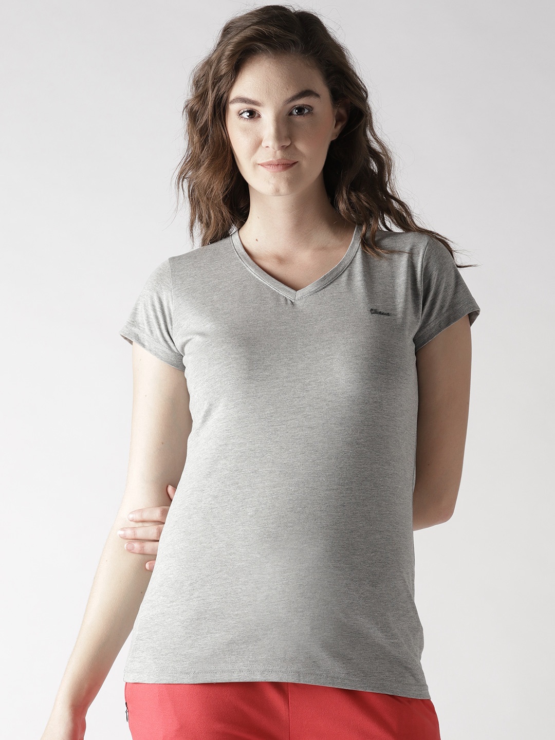 

Okane Women Grey Melange Solid V-Neck T-shirt