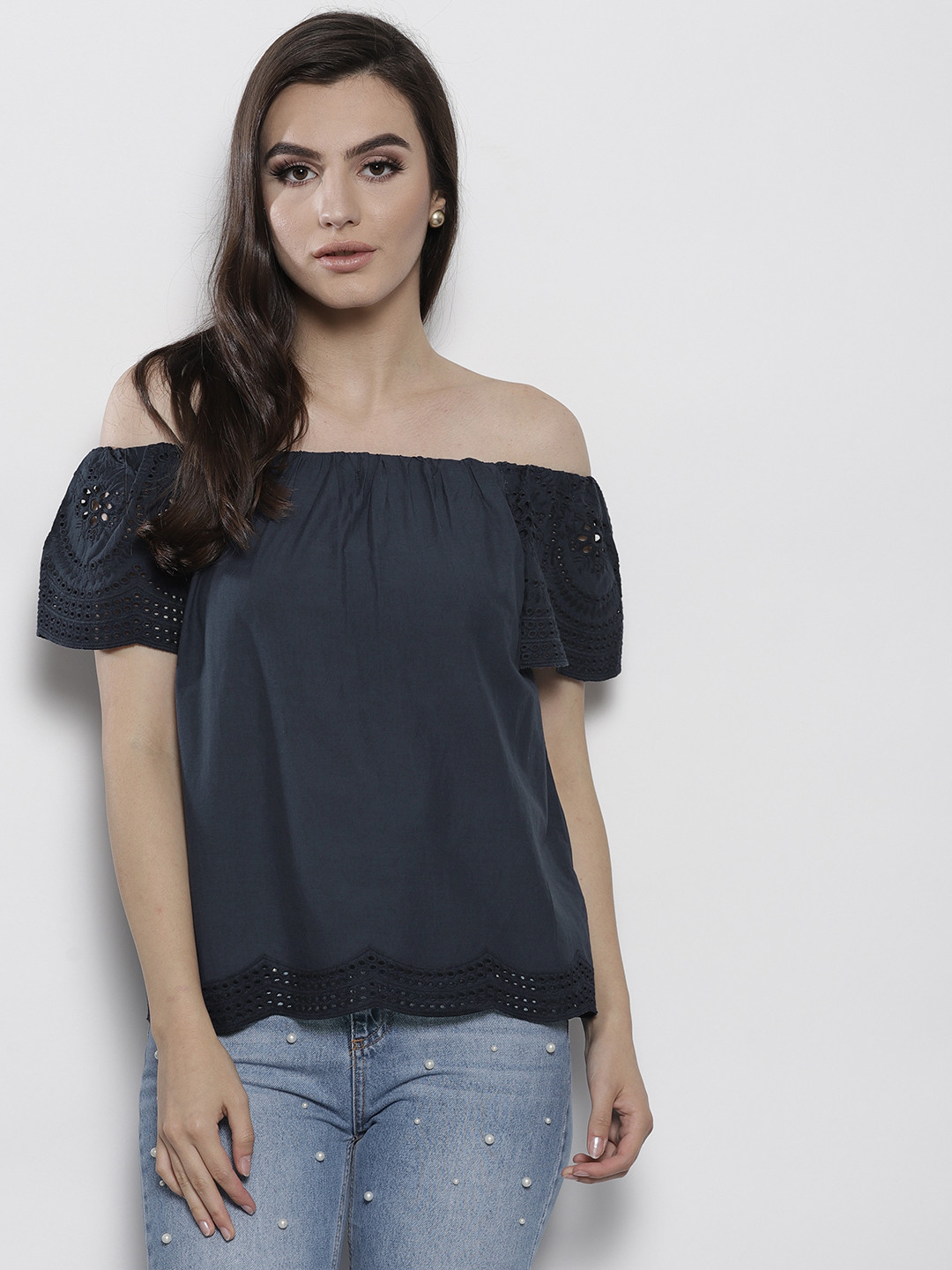 

DOROTHY PERKINS Women Navy Blue Solid Bardot Pure Cotton Top