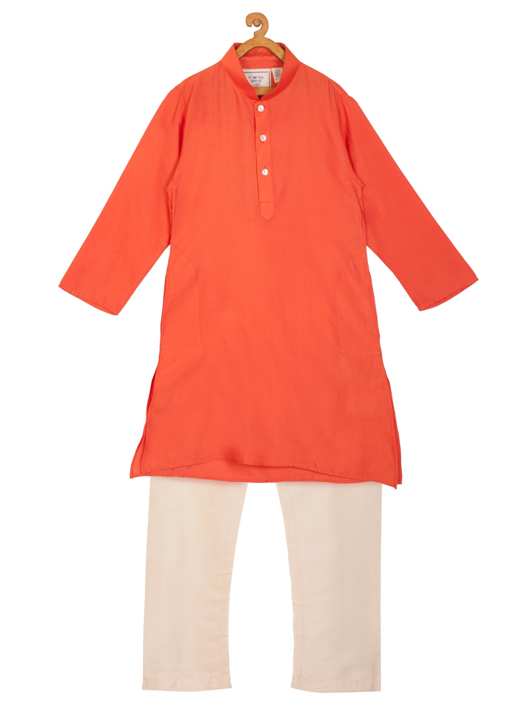 

KISAH Boys Coral Orange & Cream-Coloured Solid Kurta with Pyjamas