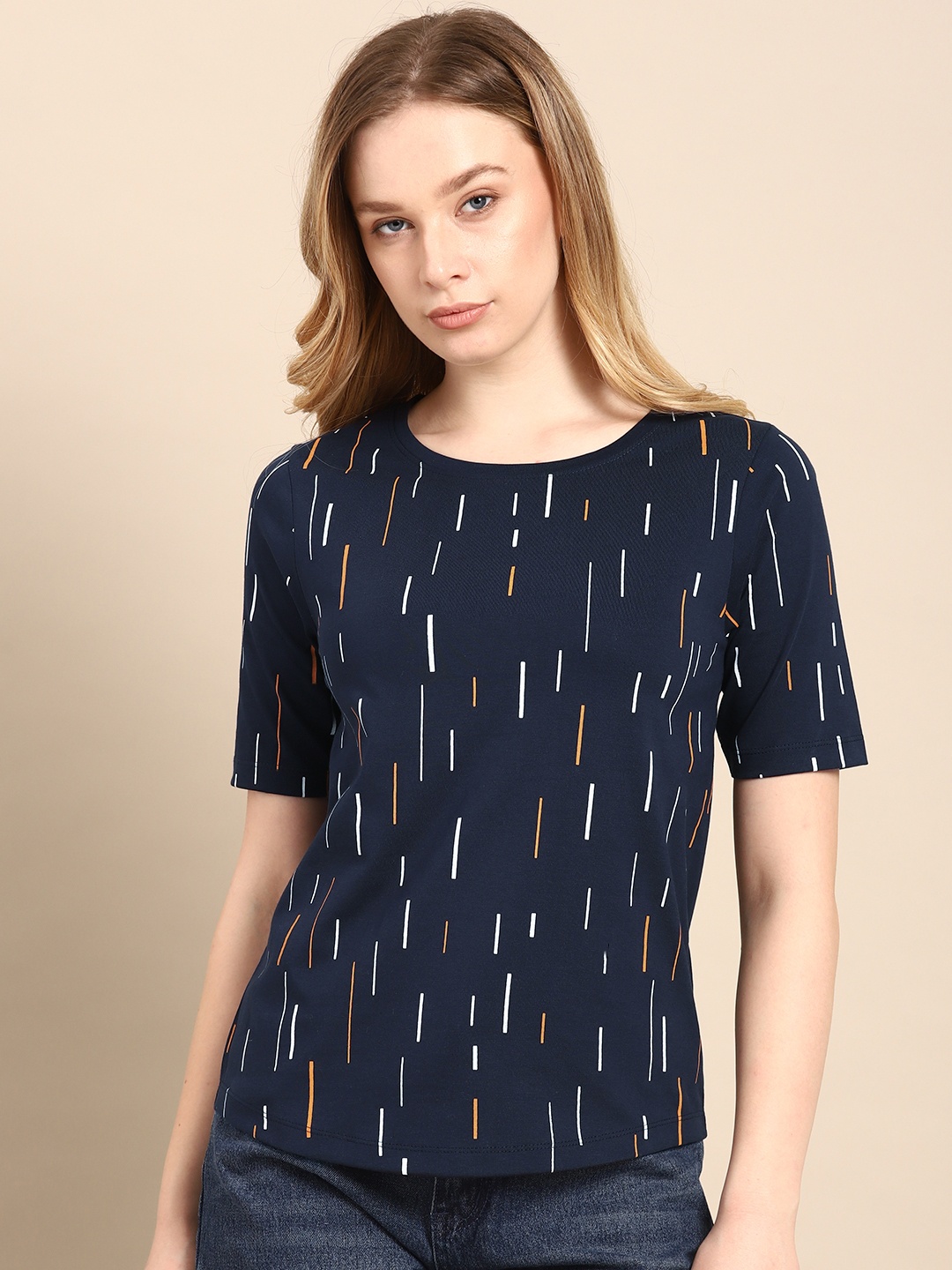 

ether Women Navy Blue Printed Round Neck Pure Cotton T-shirt