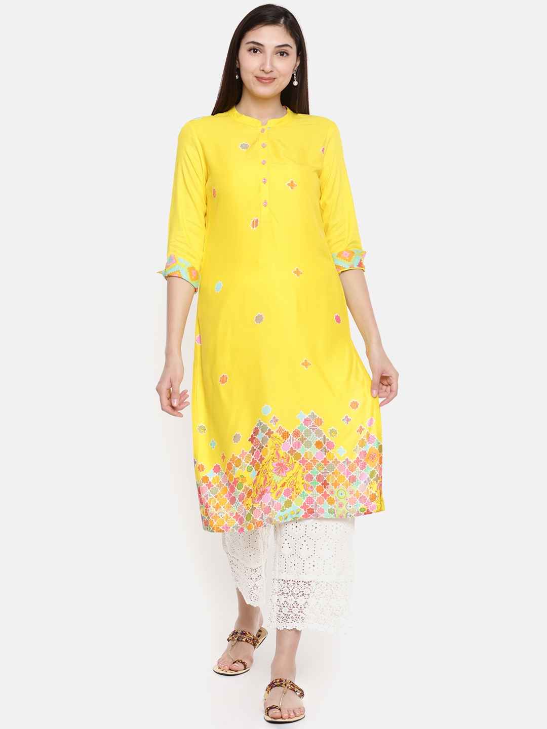 

Rangriti Women Yellow Printed Straight Kurta