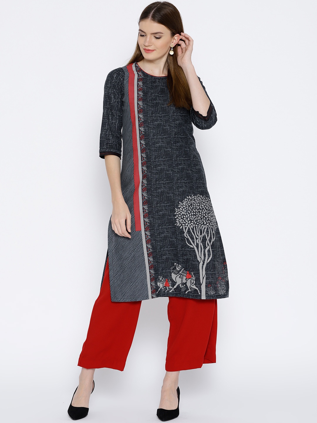 

Rangriti Women Charcoal Grey & White Printed Straight Kurta