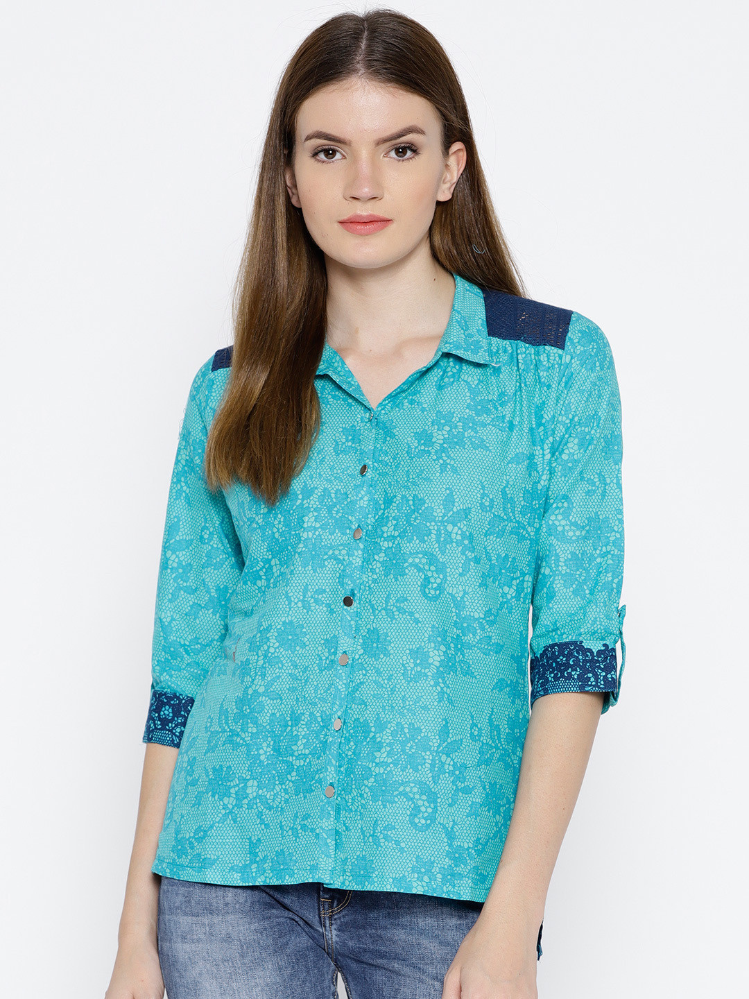 

Rangriti Women Turquoise Blue Printed Casual Shirt
