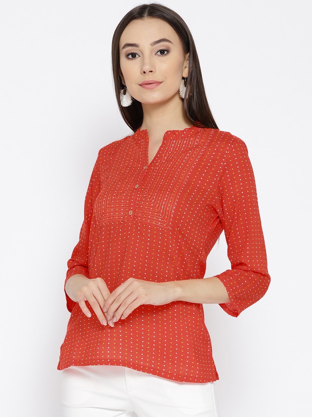 

Rangriti Women Orange Printed Shirt Style Top