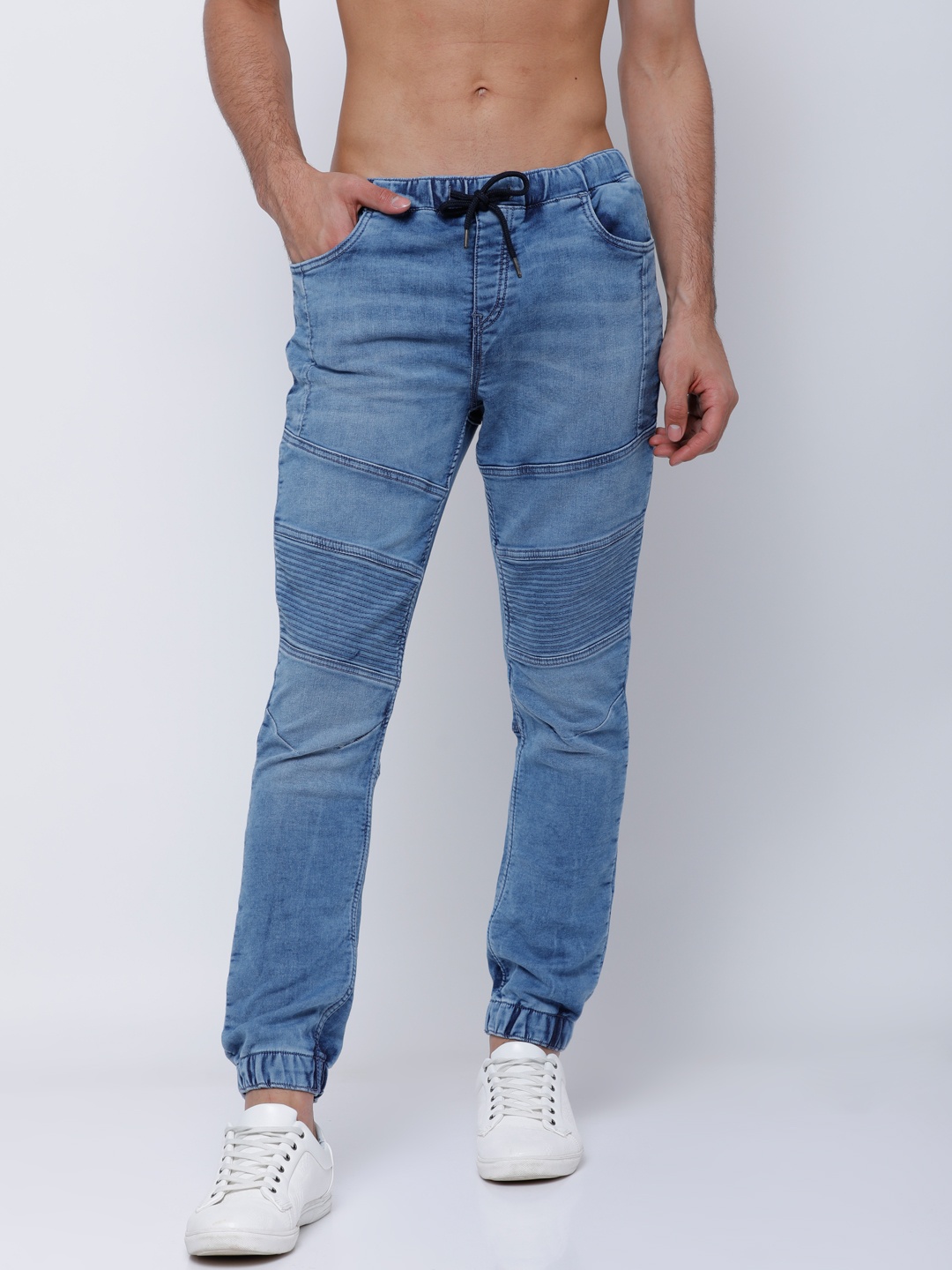 

LOCOMOTIVE Men Blue Jogger Mid-Rise Highly Distressed Stretchable Jeans