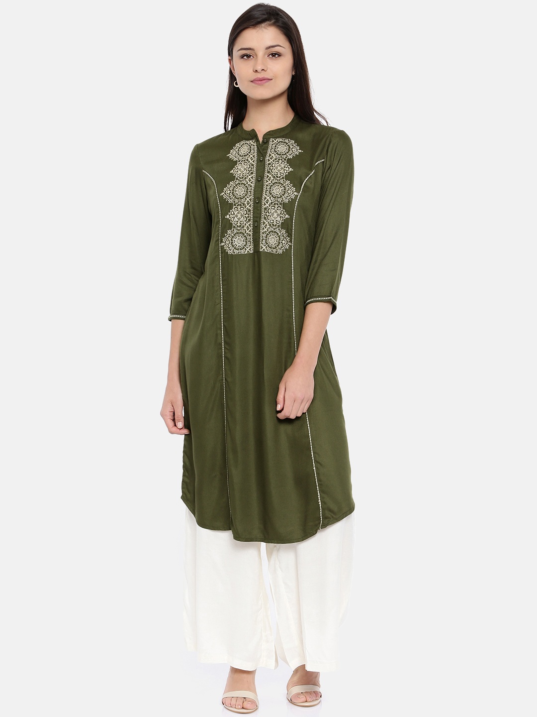 

Melange by Lifestyle Women Olive Green Embroidered A-Line Kurta