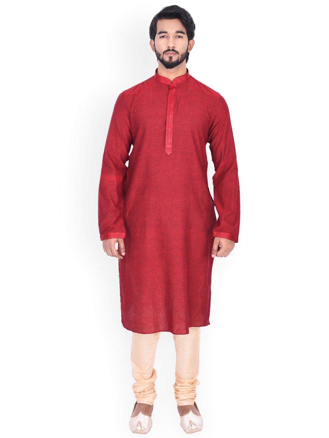 

Manyavar Men Maroon Self Design Kurta with Churidar