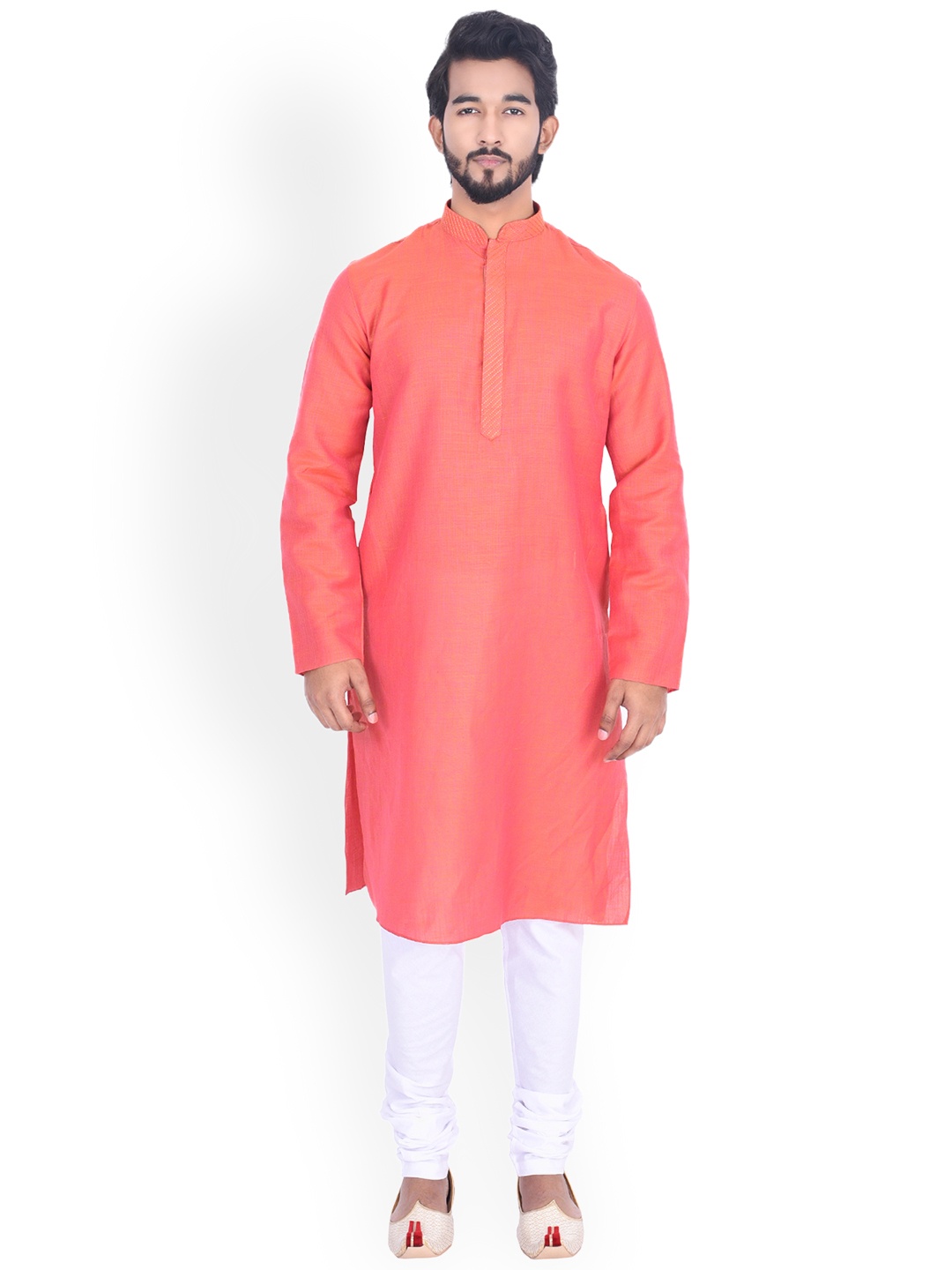 

Manyavar Men Coral Self Design Kurta with Churidar