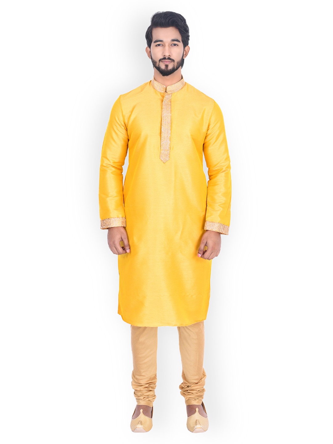 

Manyavar Men Yellow & Beige Self Design Kurta with Churidar