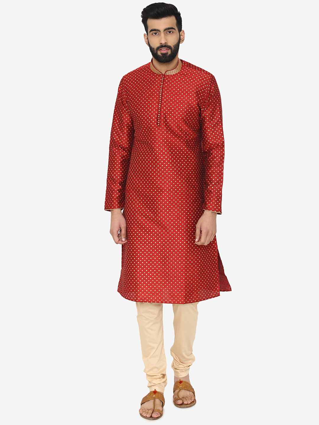 

Manyavar Men Red & Cream-Coloured Self Design Kurta with Churidar