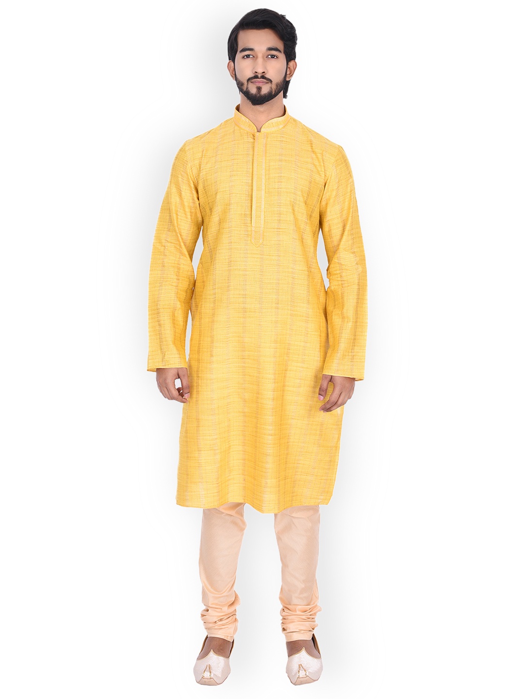 

Manyavar Men Yellow & Beige Self Design Kurta with Churidar