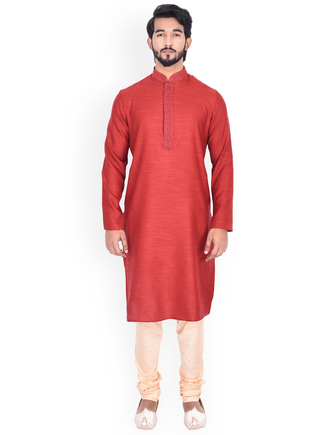

Manyavar Men Red & Cream-Coloured Self Design Kurta with Churidar