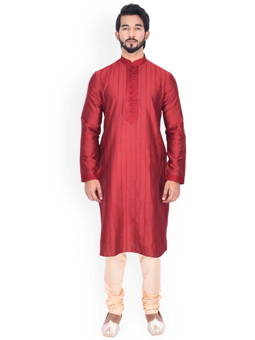 

Manyavar Men Maroon & Cream-Coloured Self Design Kurta with Churidar