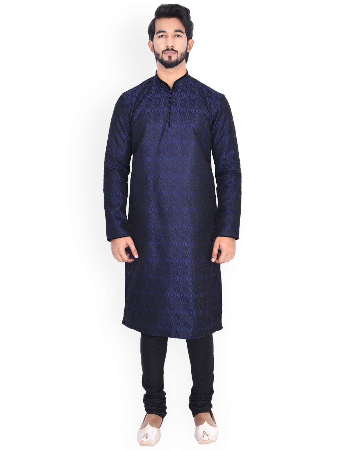 

Manyavar Men Navy Blue Self Design Kurta with Churidar
