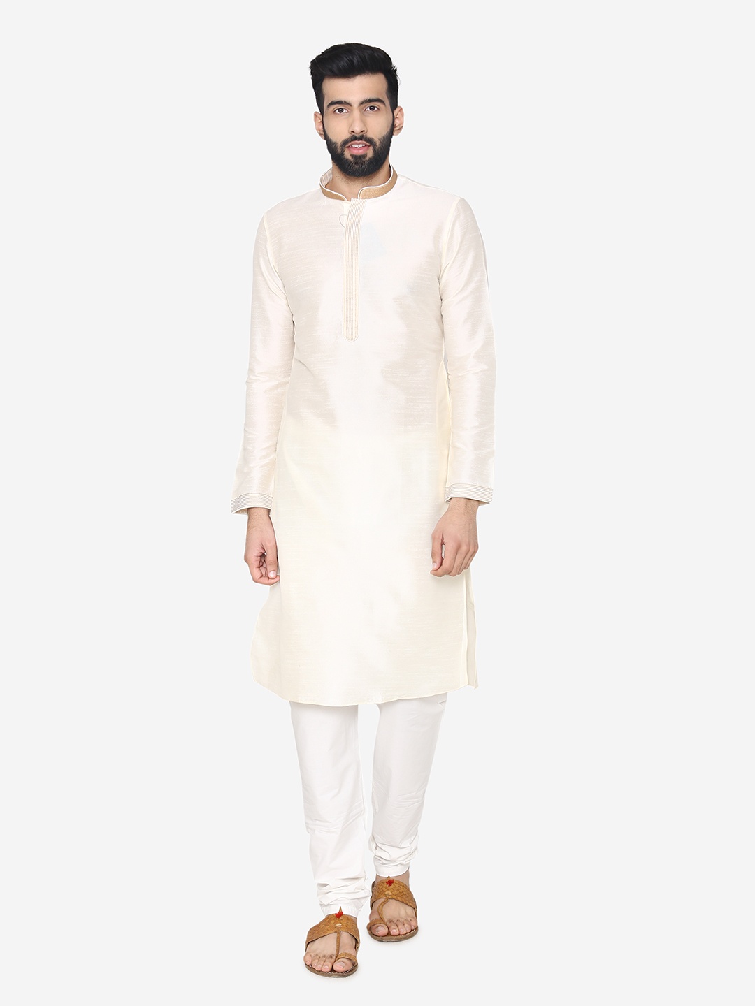 

Manyavar Men Off-White Self Design Kurta with Churidar