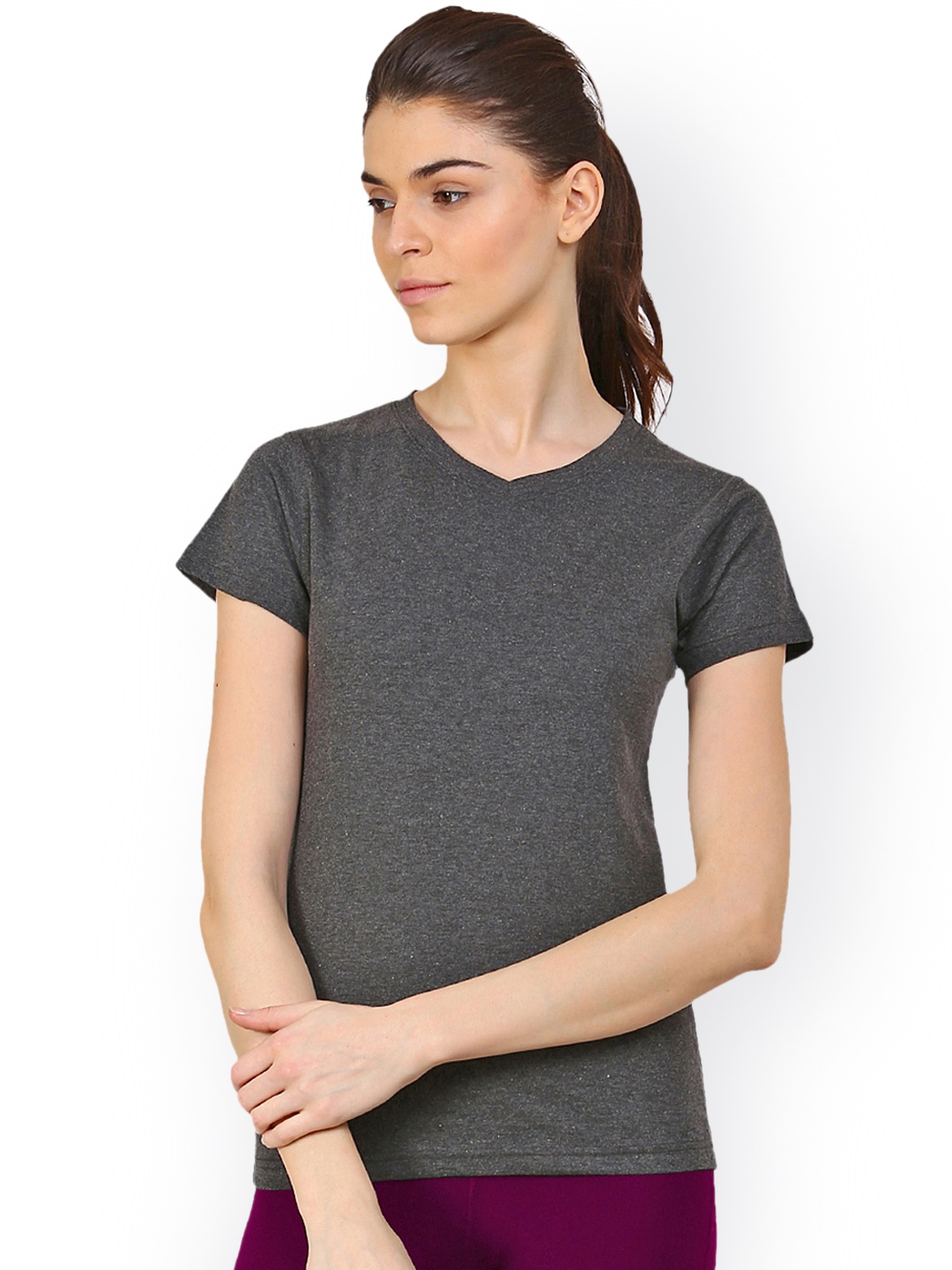 

appulse Women Charcoal-Coloured Solid V-Neck T-shirt