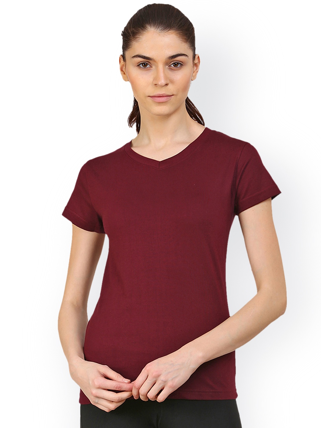 

appulse Women Maroon Solid V-Neck T-shirt