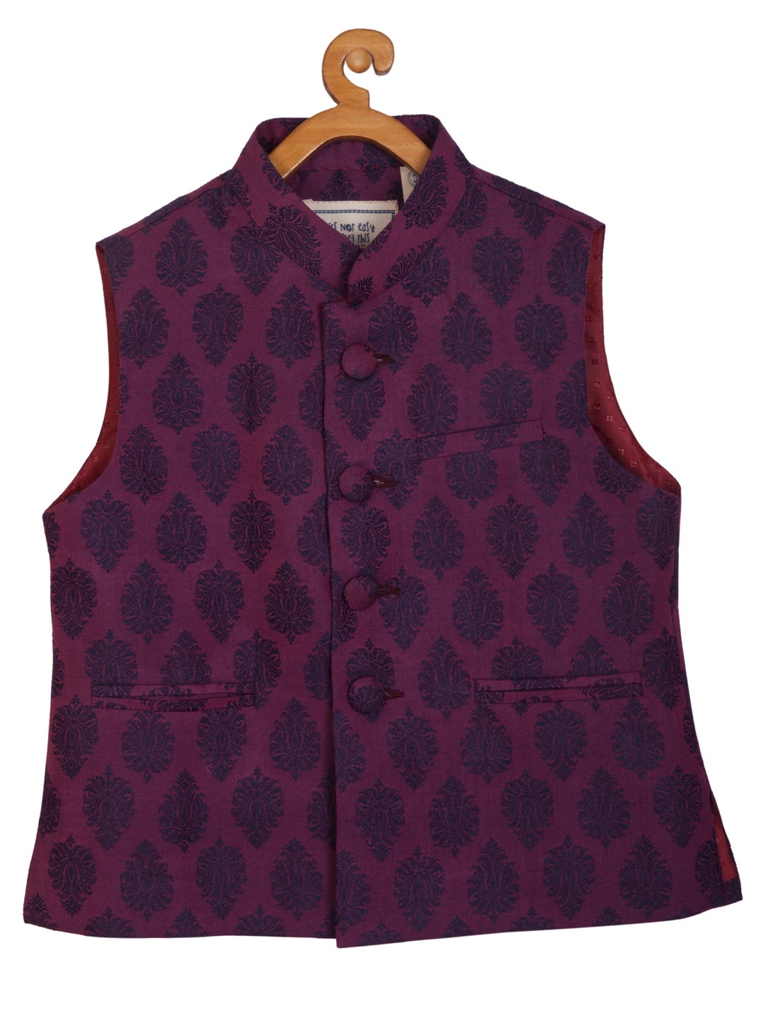 

KISAH Boys Magenta & Purple Banarasi Jaquard Cotton Silk Self Design Nehru Jacket