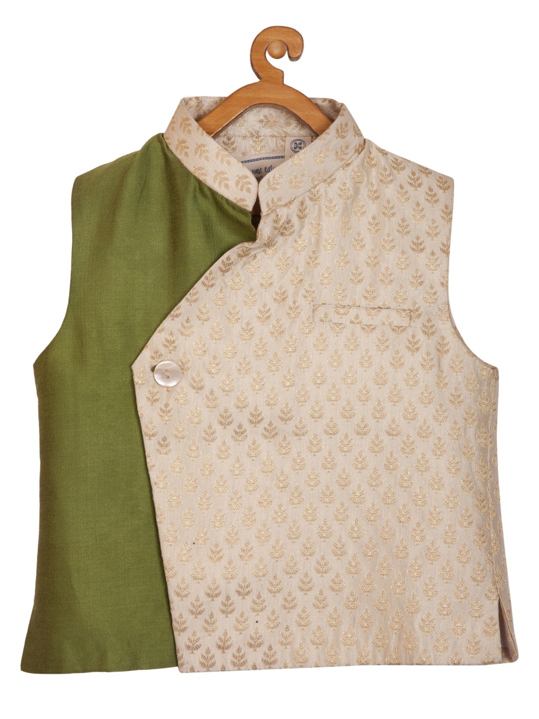 

KISAH Boys Cream & Olive Green Colourblocked Cotton Silk Self Design Nehru Jacket