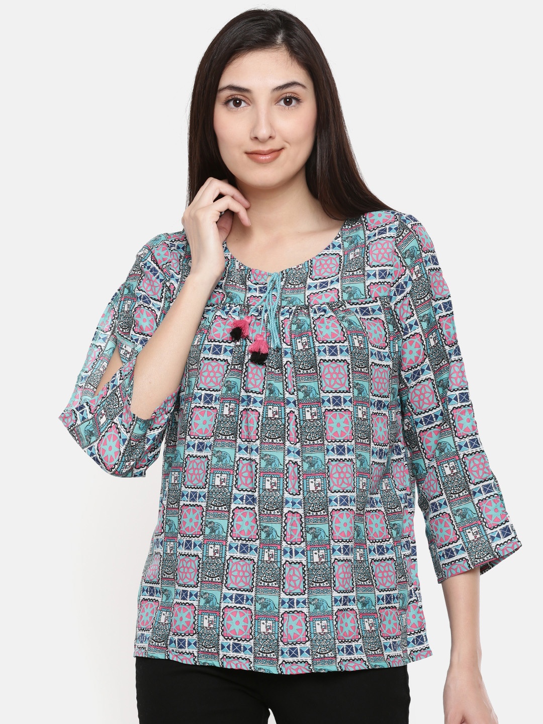 

Global Desi Women Sea Green & Pink Printed Top