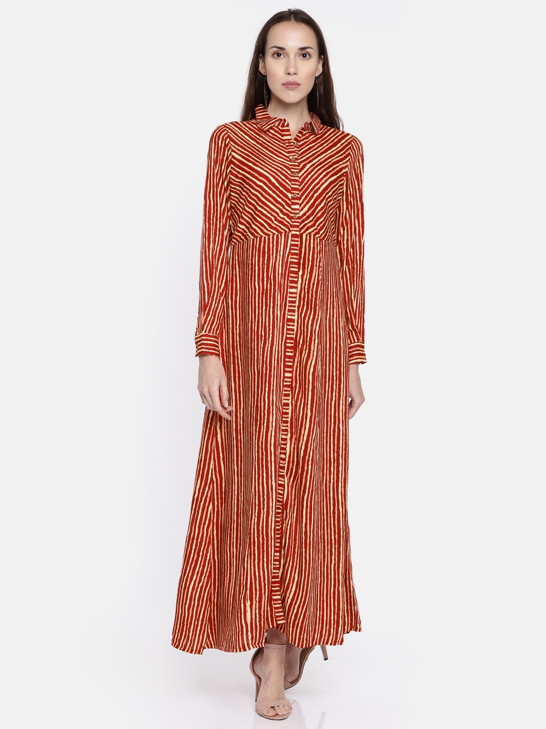 

Global Desi Women Red & Yelloe Striped Maxi Dress