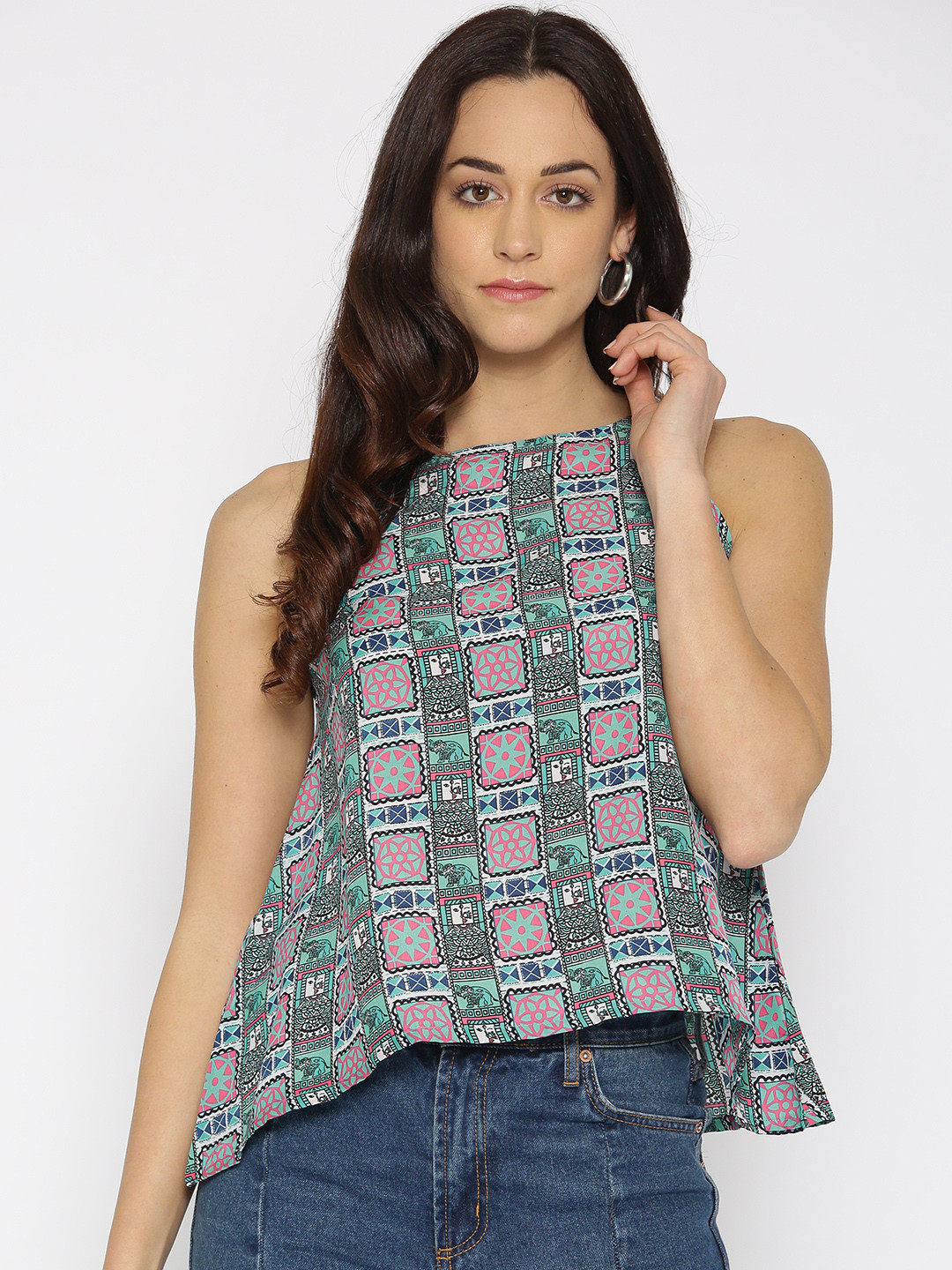 

Global Desi Women Blue & Green Printed A-Line Top