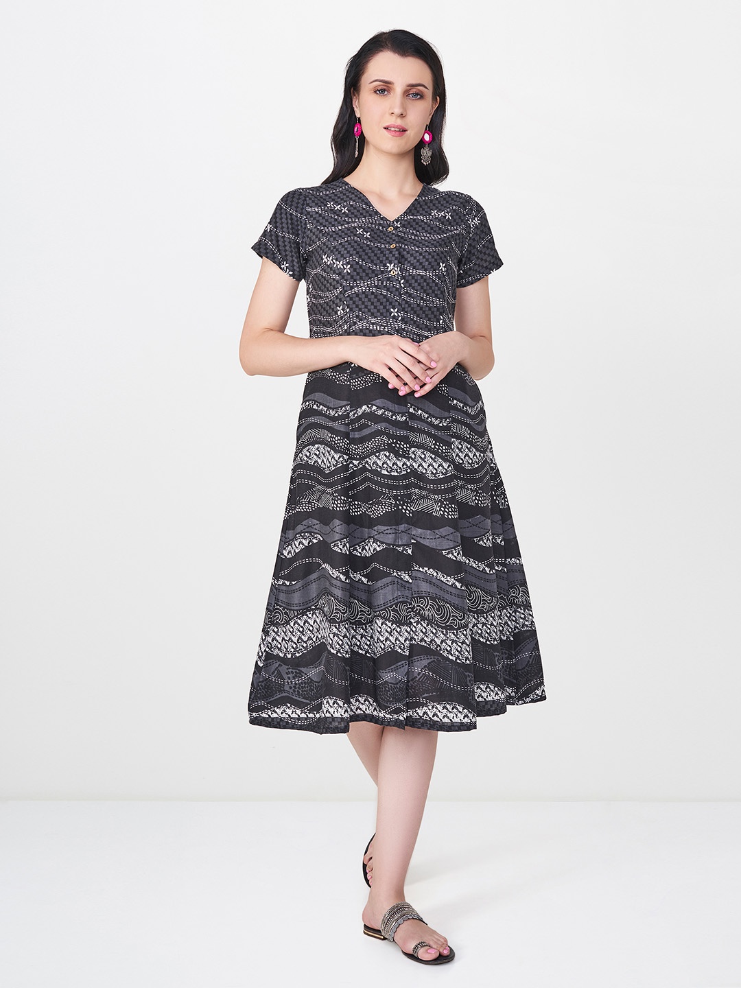 

Global Desi Women Black Printed A-Line Dress