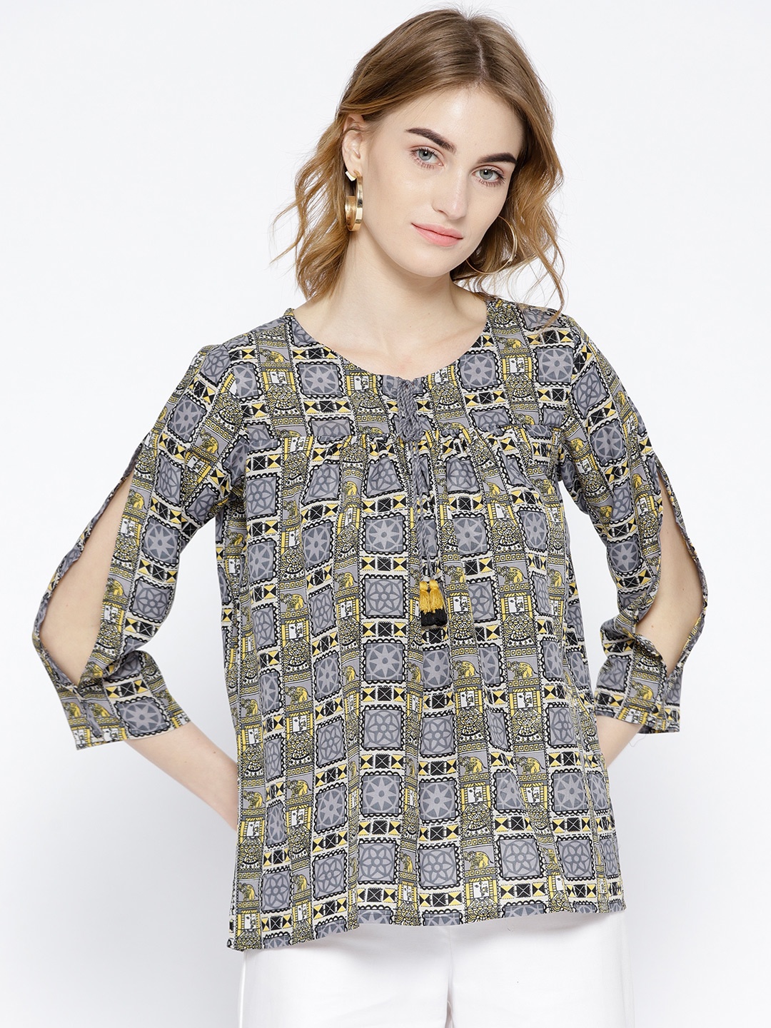 

Global Desi Women Grey & Mustard Yellow Printed Top