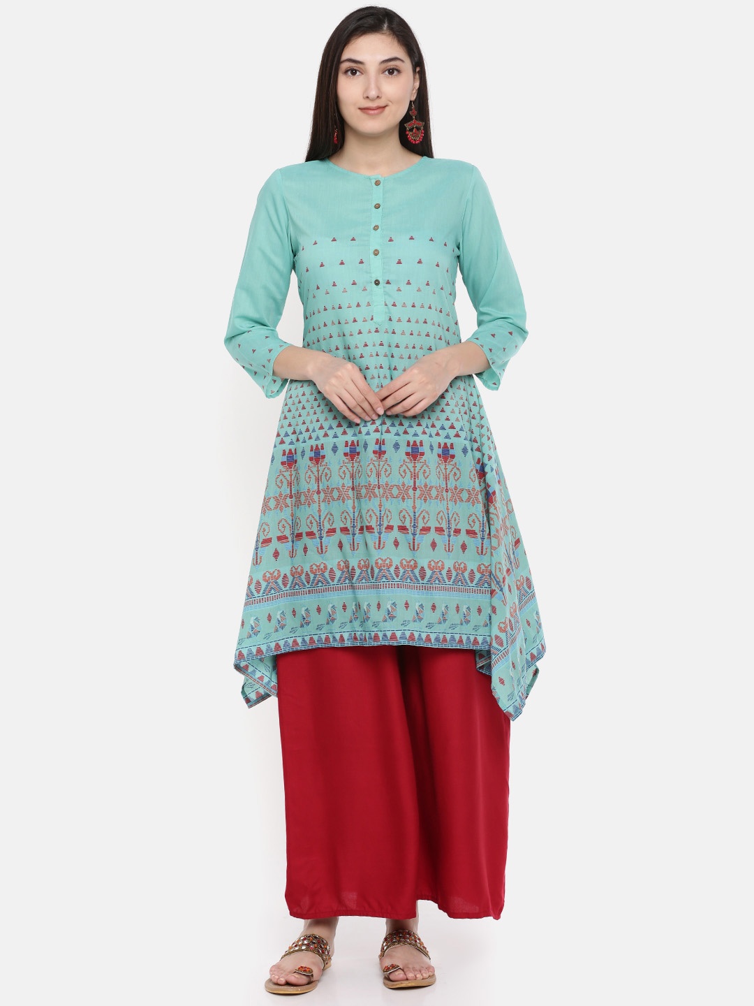 

Global Desi Women Sea Green & Red Printed A-Line Kurta