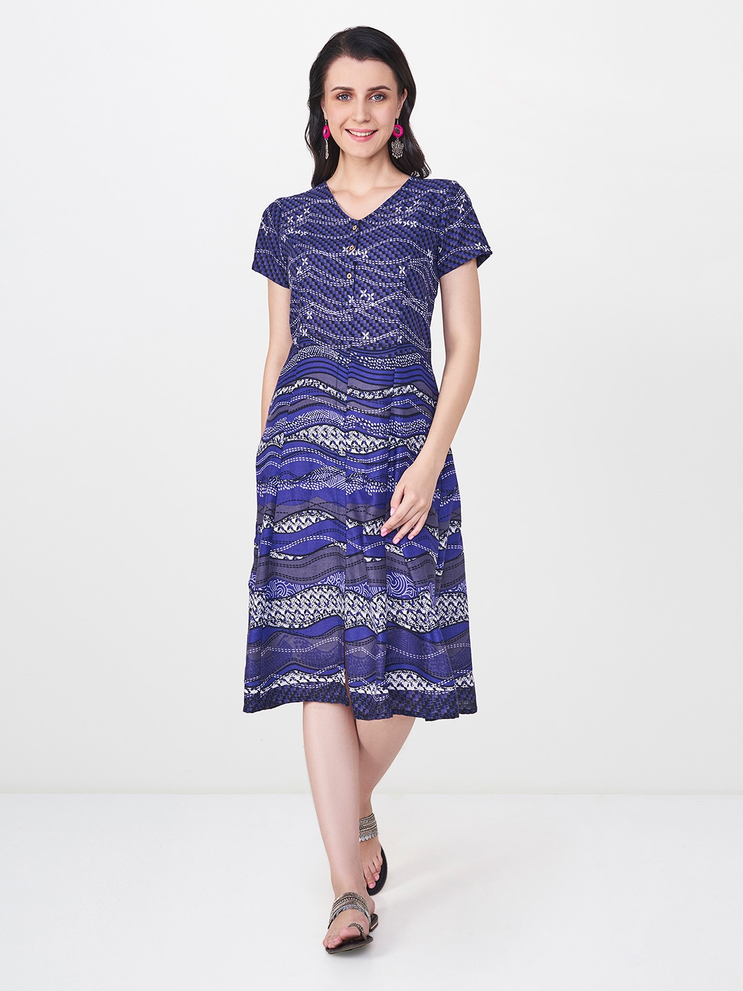 

Global Desi Women Blue Printed A-Line Dress