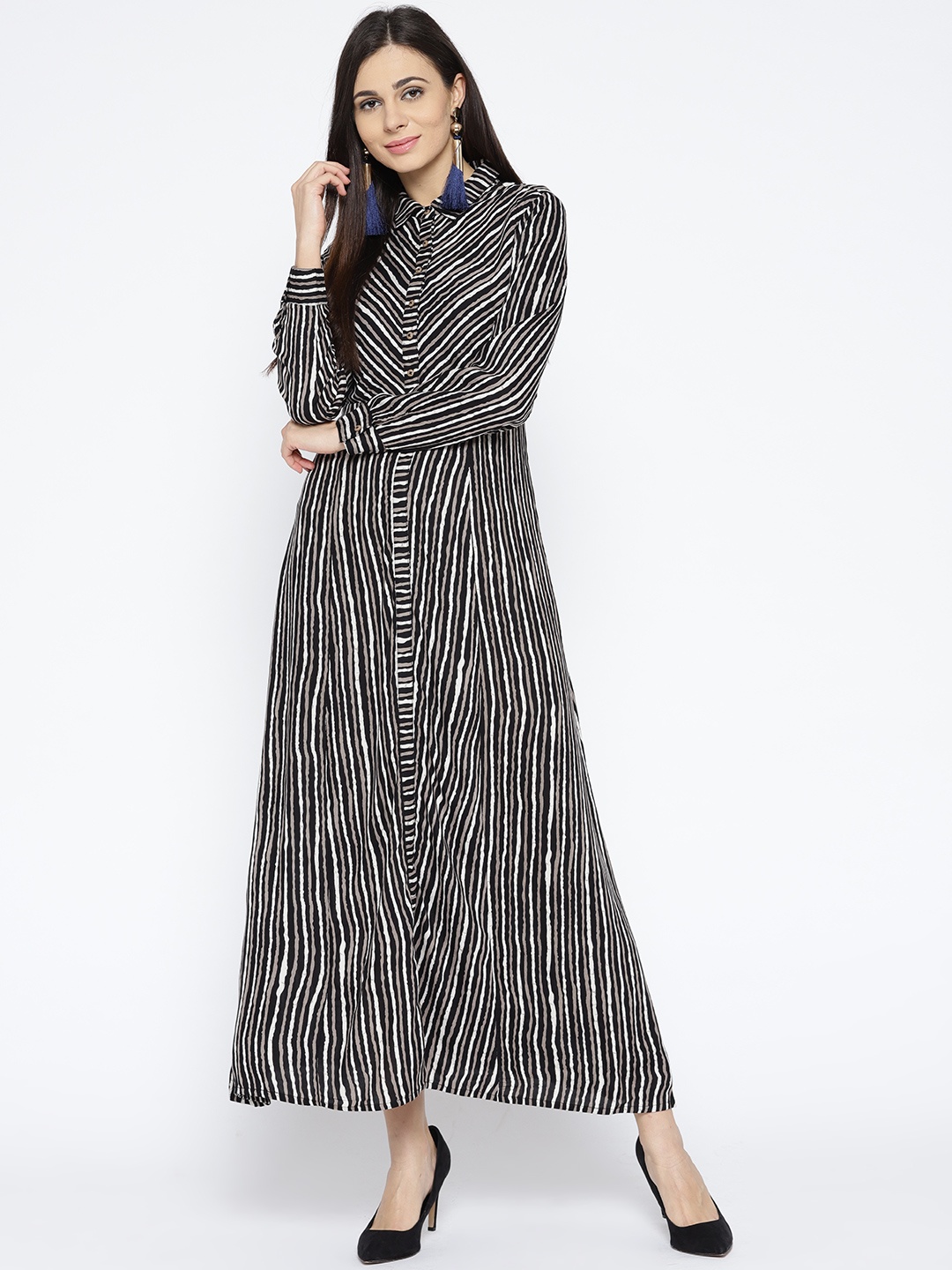 

Global Desi Women Black & Cream-Coloured Striped Maxi Dress