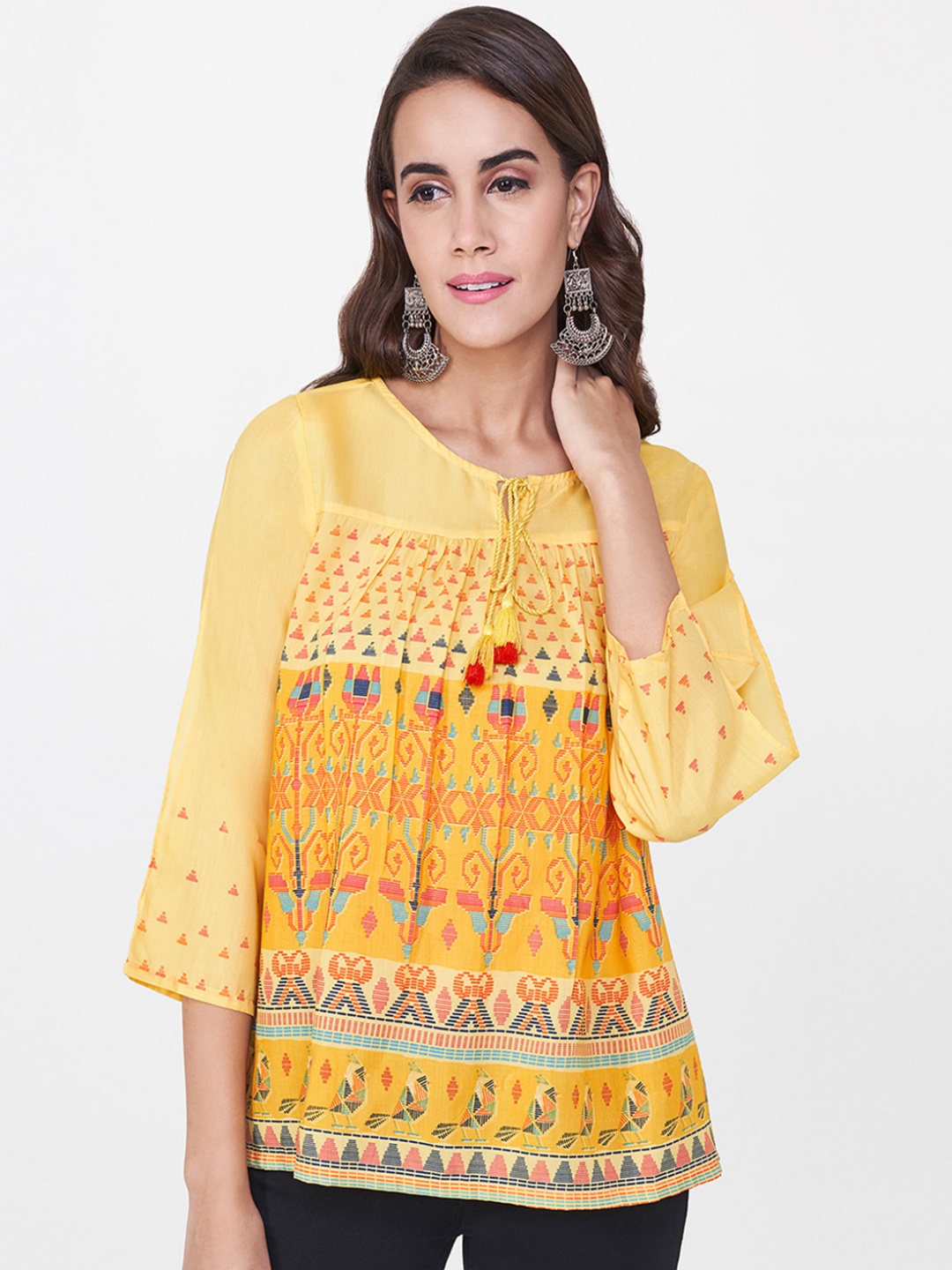 

Global Desi Women Yellow Printed A-Line Top
