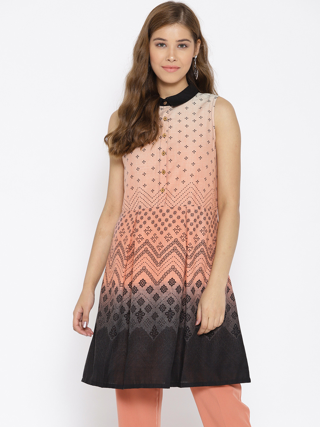 

Global Desi Women Coral Pink & Black Printed A-Line Dress