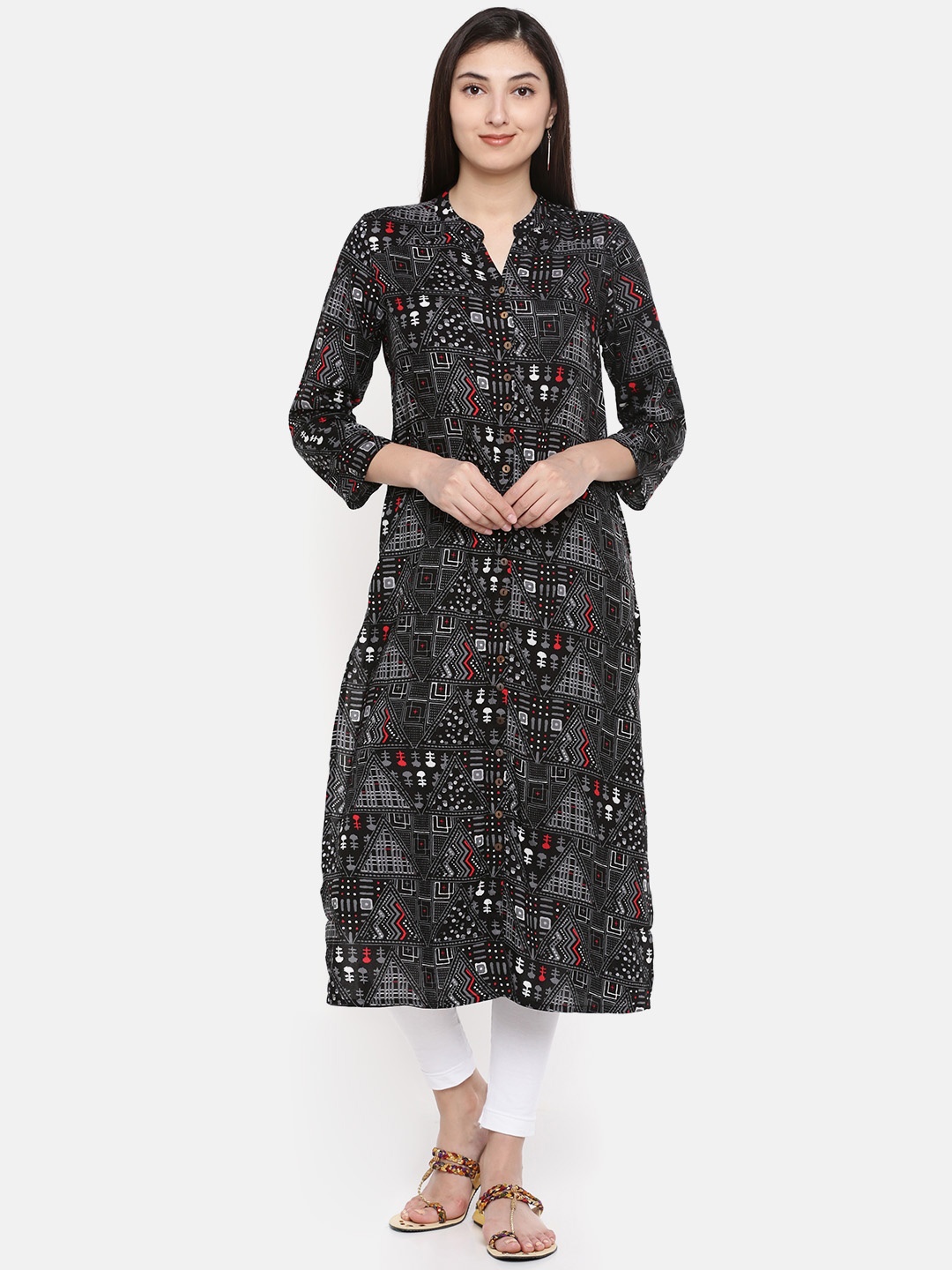 

Global Desi Women Black & Red Printed A-Line Kurta