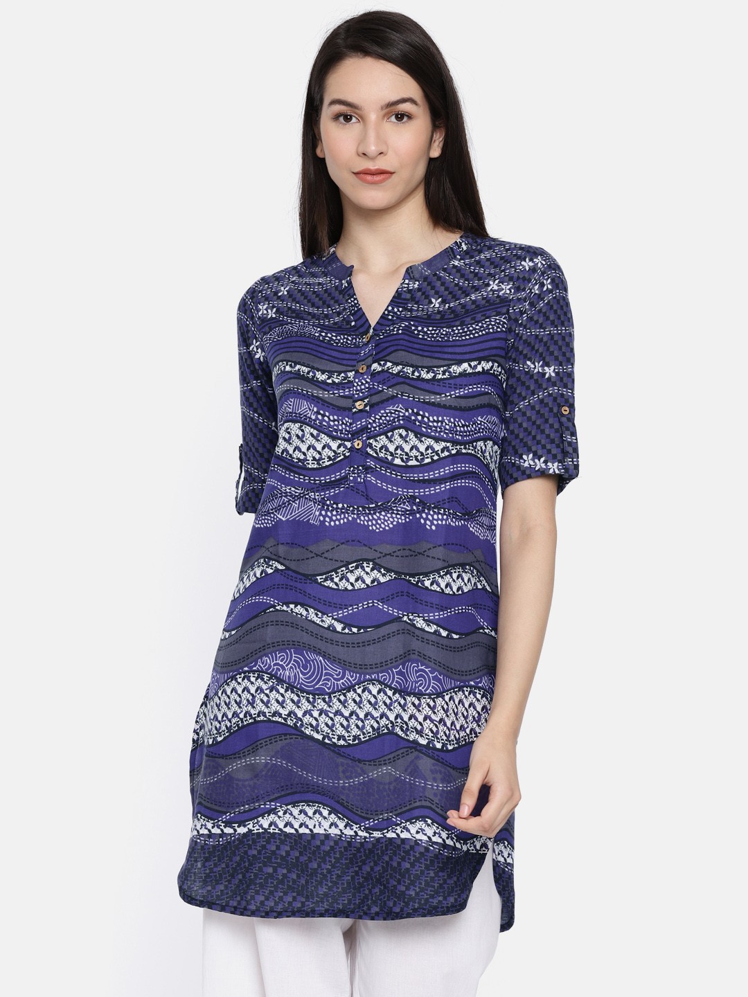

Global Desi Women Blue & Grey Printed A-Line Kurta