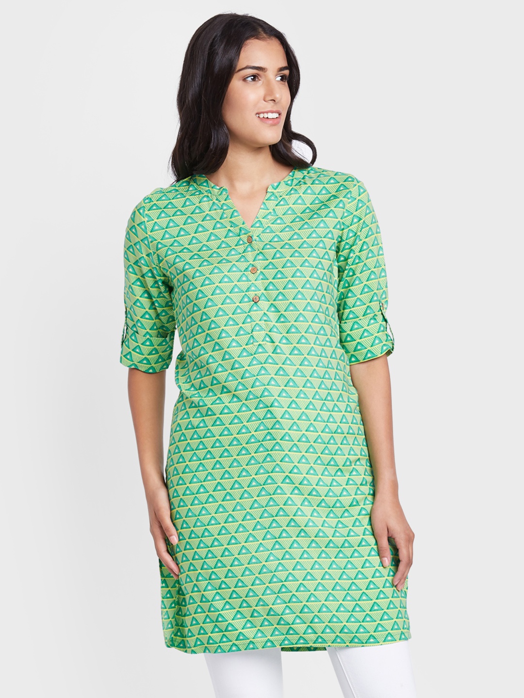 

Global Desi Green & Yellow Printed Kurti