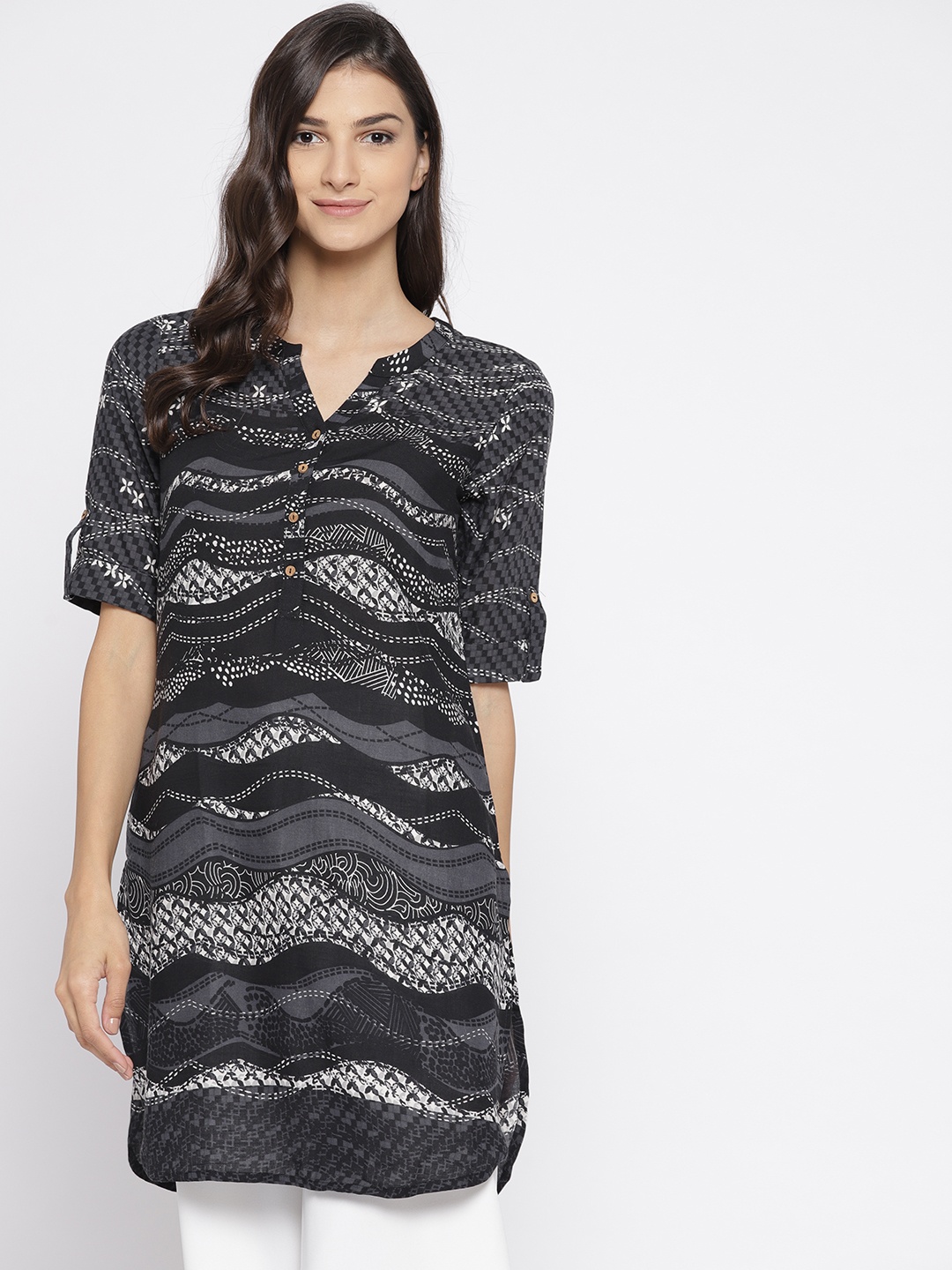 

Global Desi Women Black & White Printed A-Line Kurta
