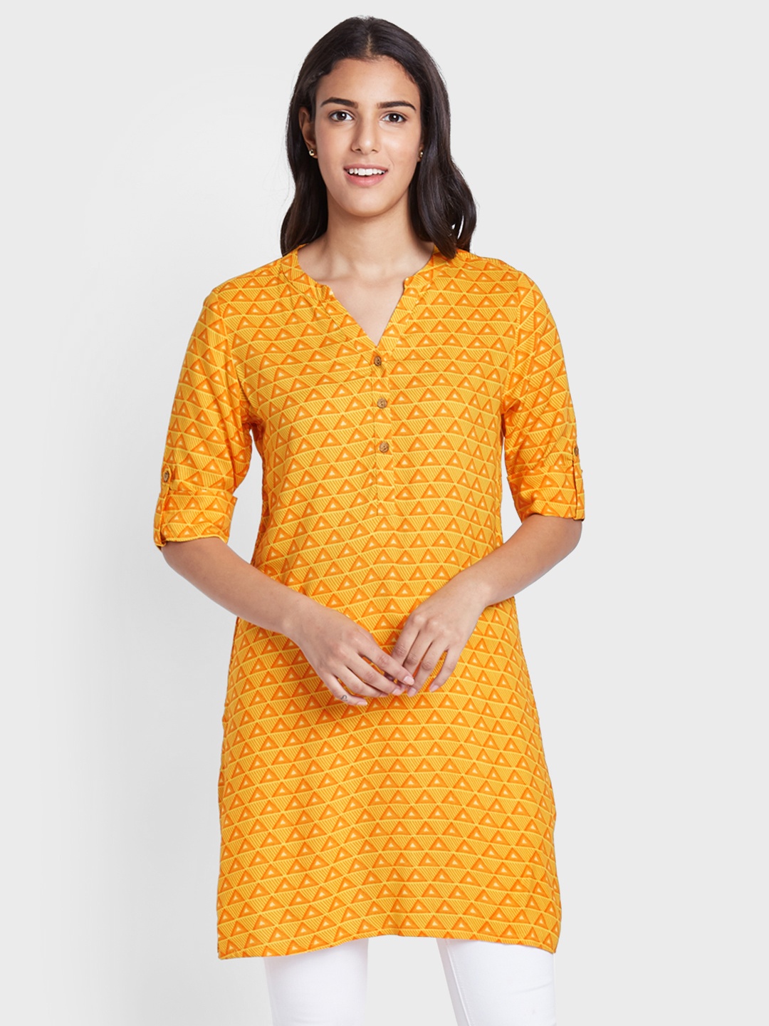 

Global Desi Yellow & Orange Printed Kurti