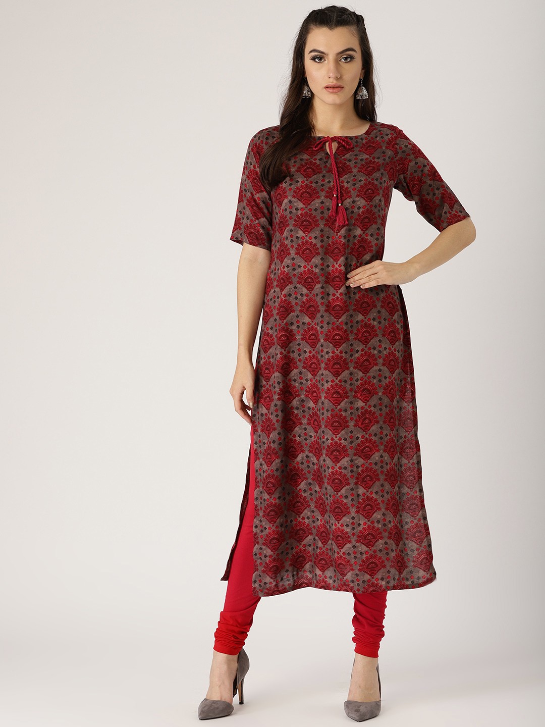 

Libas Women Charcoal Grey & Maroon Printed Straight Kurta