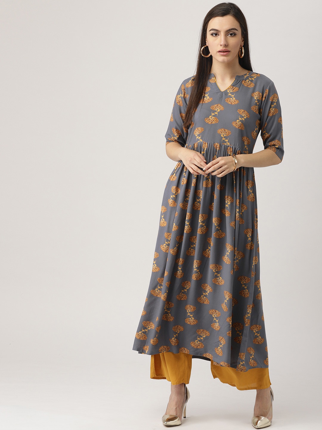 

Libas Women Grey & Mustard Yellow Printed A-Line Kurta
