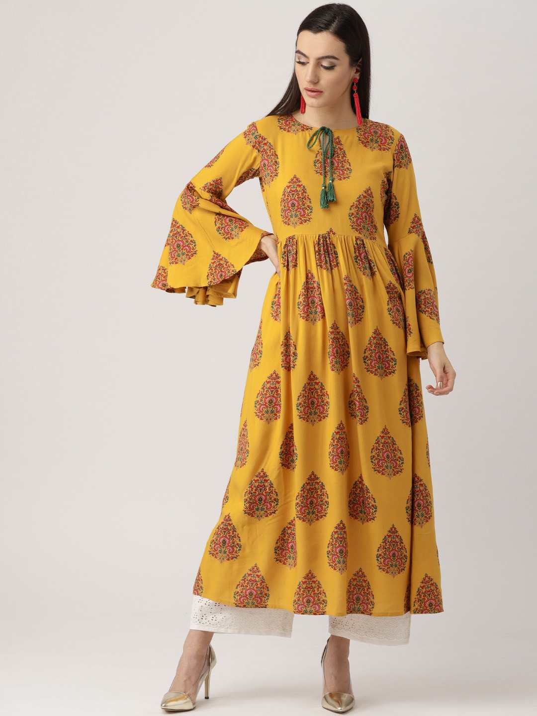 

Libas Women Mustard Yellow & Red Printed A-Line Kurta