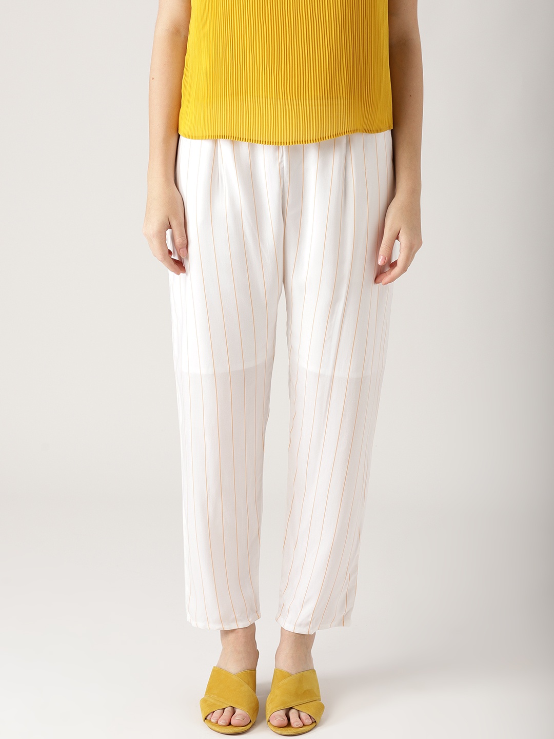

Libas Women White & Yellow Regular Fit Striped Trousers