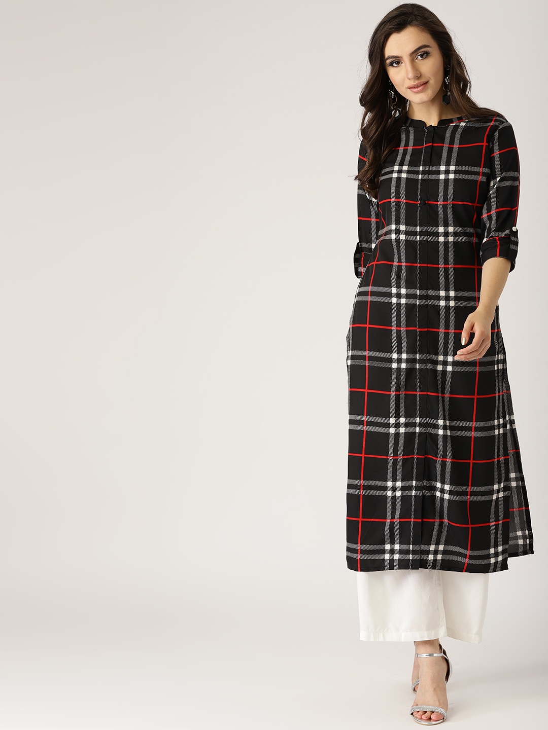 

Libas Women Black & Red Checked Straight Kurta