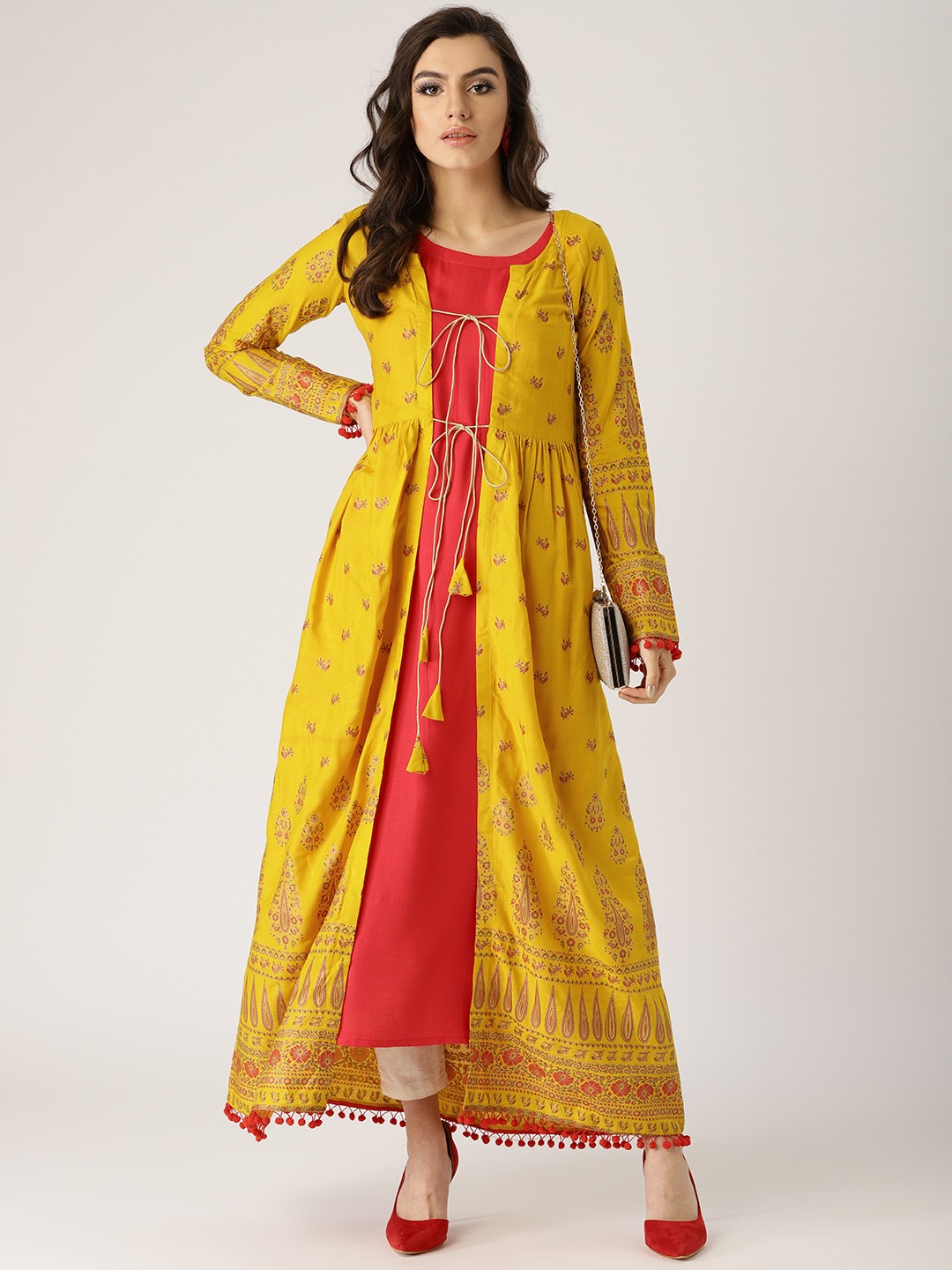 

Libas Women Red Block Printed A-Line Kurta with Ethnic Jacket